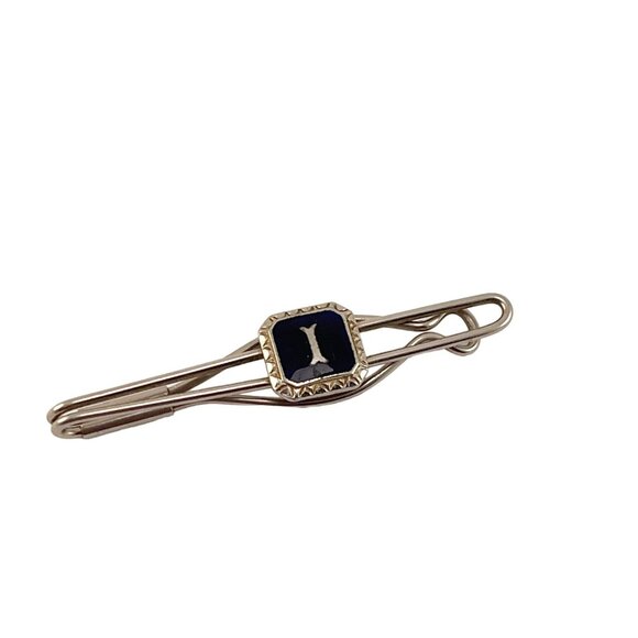 Initial I Tie Clip Blue Enamel Silver Tone Tie Clip Vintage - Picture 4 of 8